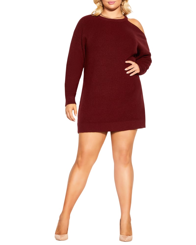 Front of a model wearing a size XXS DRESS AMALIA KNIT in Garnet by City Chic. | dia_product_style_image_id:252383